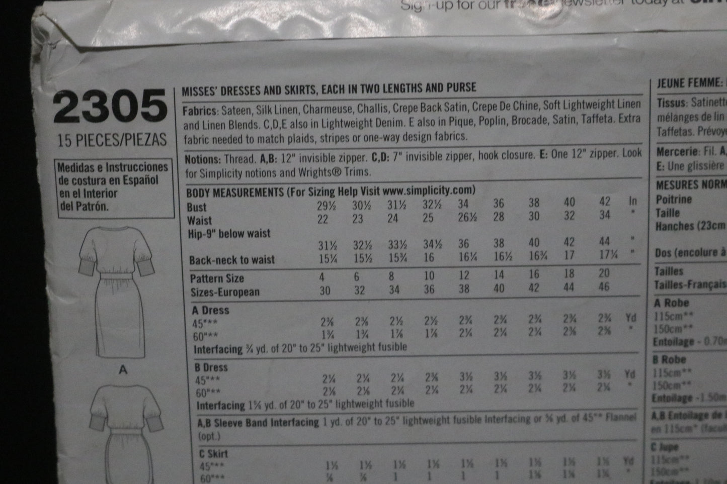 Simplicity 2305 Cynthia Rowley Misses Dresses and Skirts, Each in Two Lengths and Purse Sewing Pattern &nbsp;  UNCUT Size 4 6 8 10 12