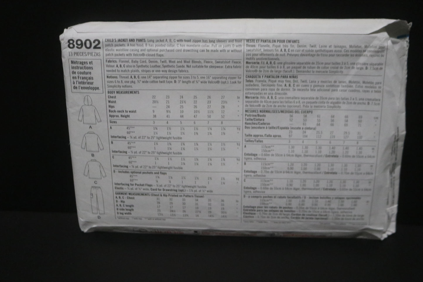 Simplicity 8902 Childs Jacket and Pants Sewing Pattern UNCUT Size 3 4 5 6 7 8