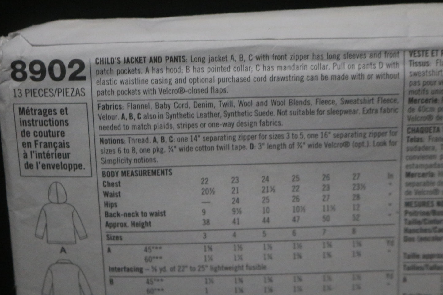 Simplicity 8902 Childs Jacket and Pants Sewing Pattern UNCUT Size 3 4 5 6 7 8