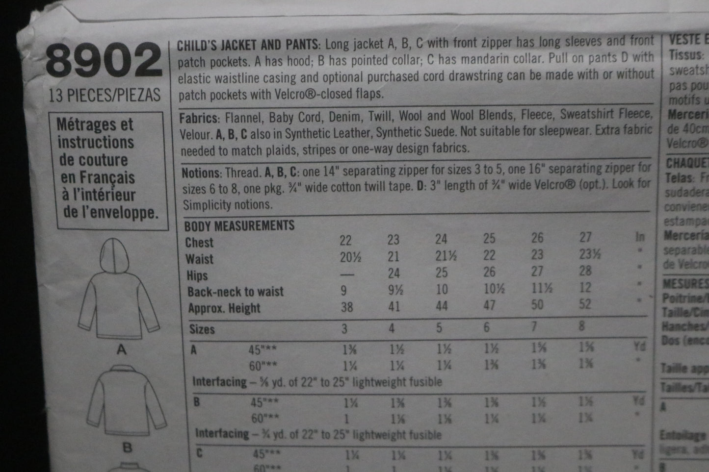 Simplicity 8902 Childs Jacket and Pants Sewing Pattern UNCUT Size 3 4 5 6 7 8