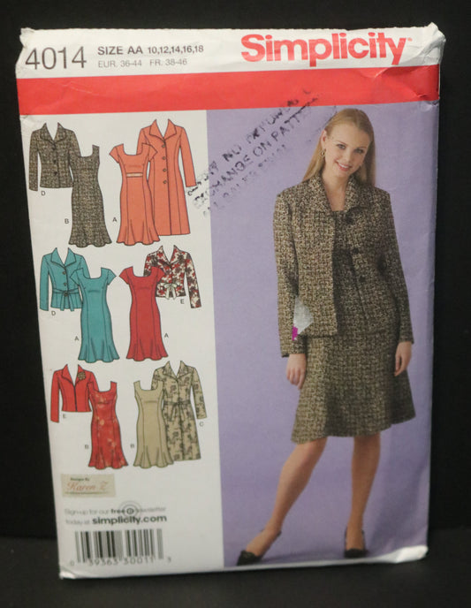 Simplicity 4014 Misses / Womens Unlined Coat or Jacket in Two Lengths and Lined Dress Sewing Pattern UNCUT Size 10 12 14 16 18