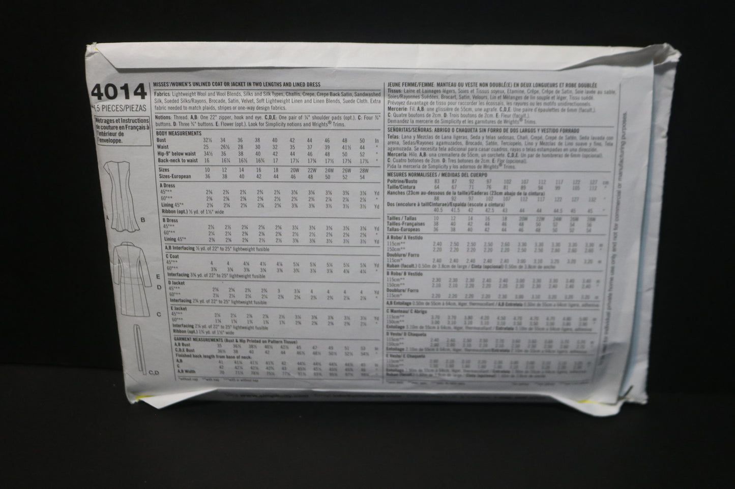 Simplicity 4014 Misses / Womens Unlined Coat or Jacket in Two Lengths and Lined Dress Sewing Pattern UNCUT Size 10 12 14 16 18