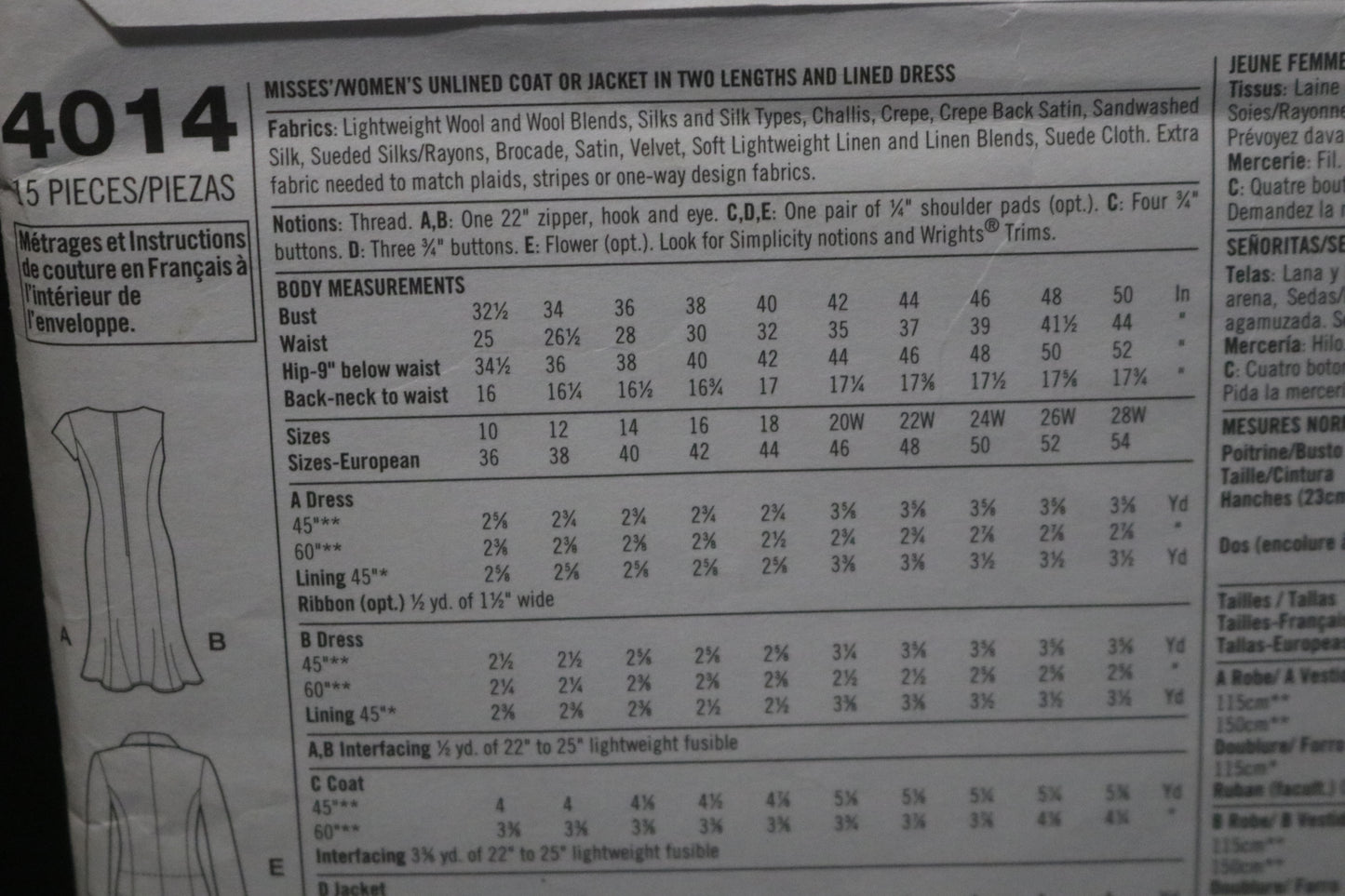 Simplicity 4014 Misses / Womens Unlined Coat or Jacket in Two Lengths and Lined Dress Sewing Pattern UNCUT Size 10 12 14 16 18