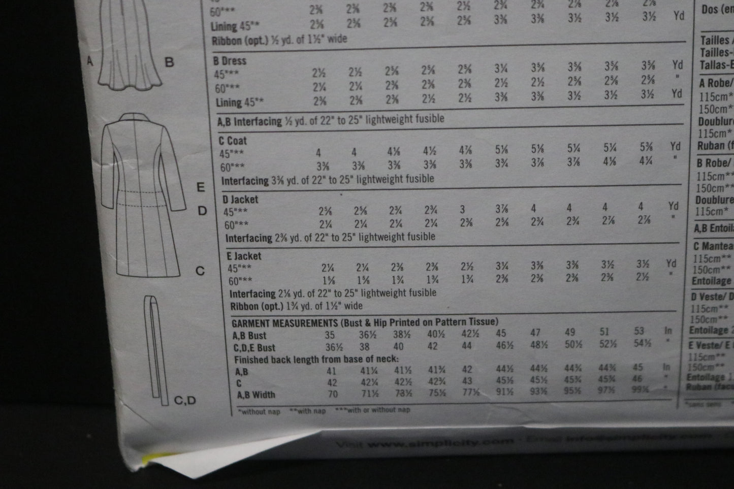 Simplicity 4014 Misses / Womens Unlined Coat or Jacket in Two Lengths and Lined Dress Sewing Pattern UNCUT Size 10 12 14 16 18