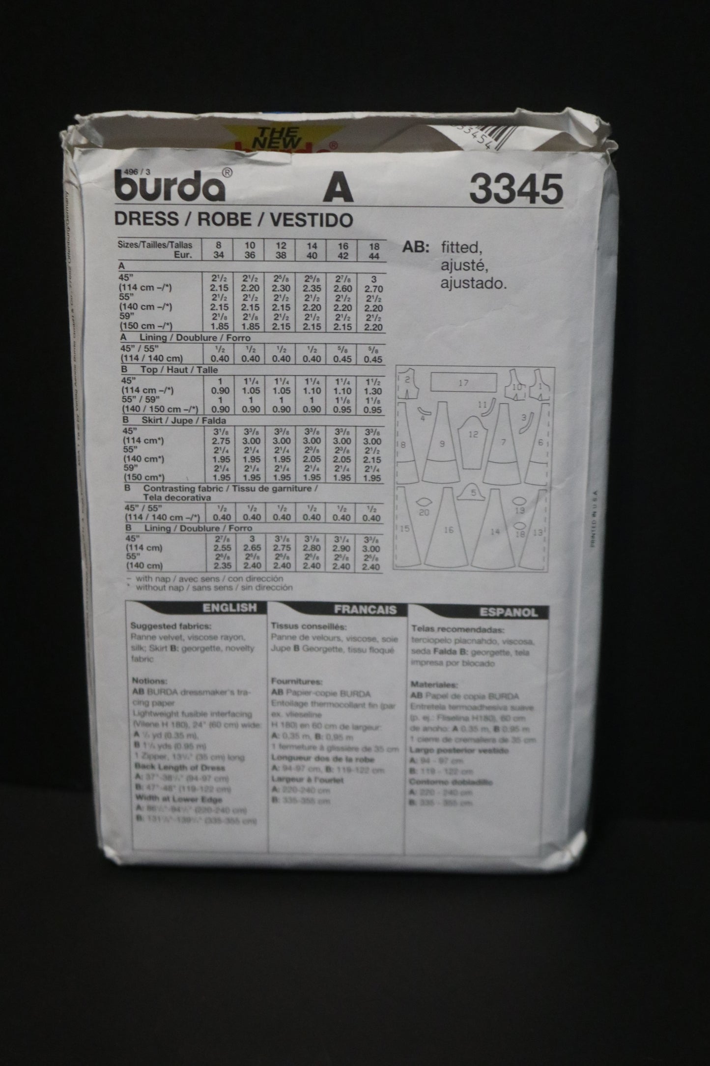 Burda 3345 Misses Dress Sewing Pattern - UNCUT - Size 8 10 12 14 16 18