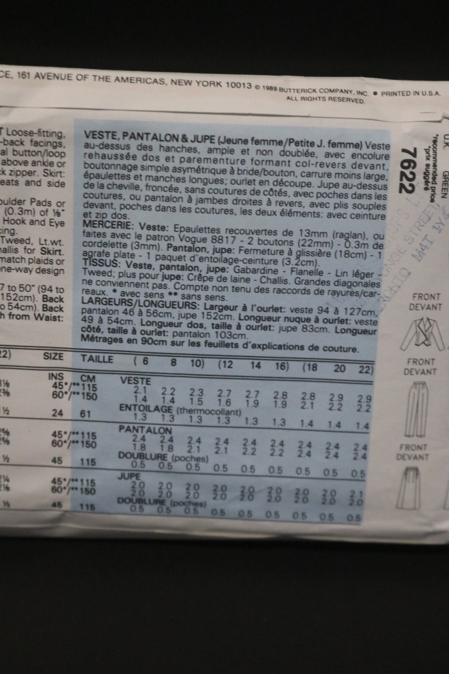 Vogue 7622 Misses / Misses Petite Jacket Skirt and Pants Sewing Pattern - UNCUT - Size 12 14 16