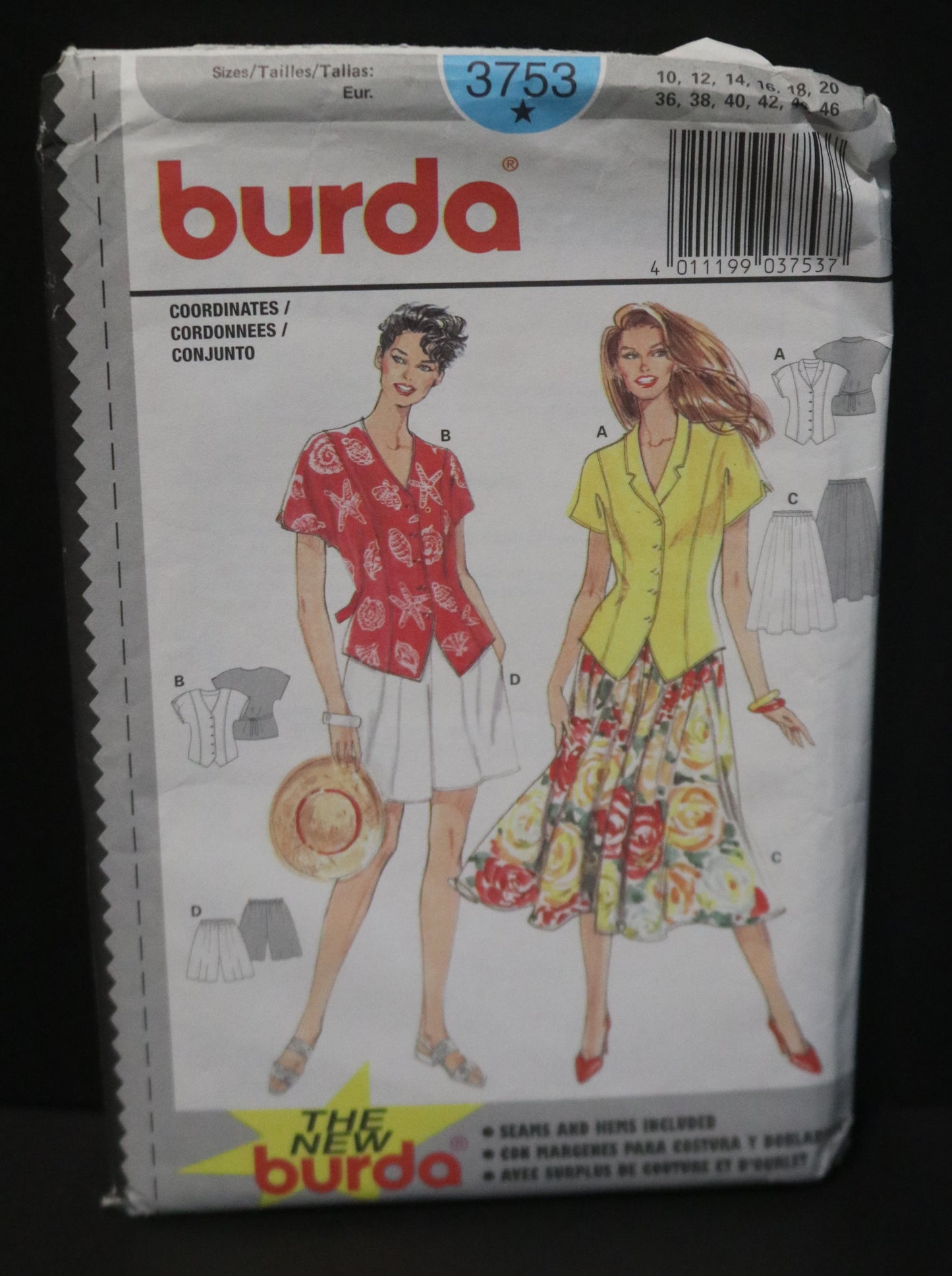 Burda 3753 Misses Blouse Shorts and Skirt  Sewing Pattern - UNCUT - Size 10 12 14 16 18 20