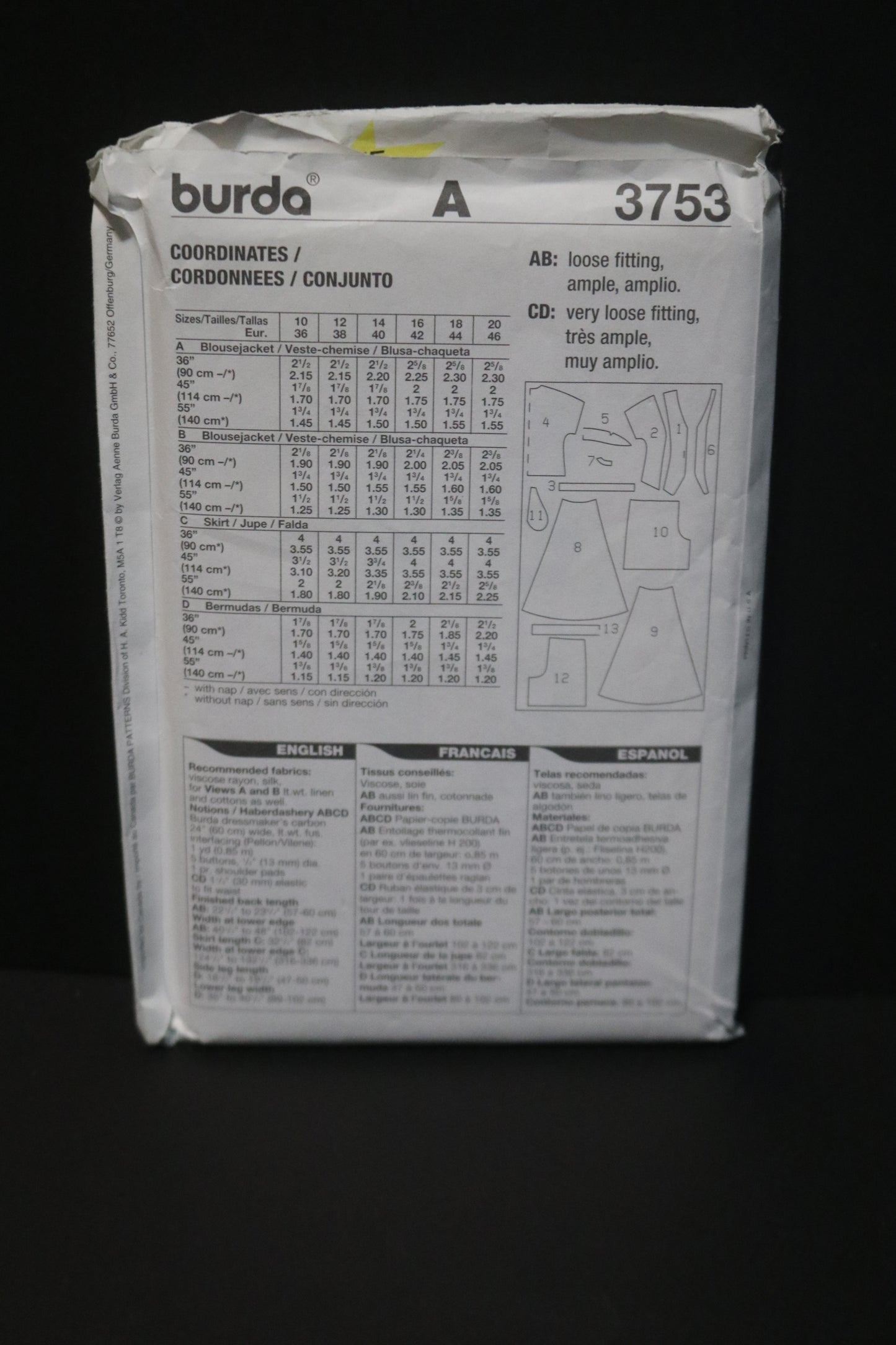 Burda 3753 Misses Blouse Shorts and Skirt  Sewing Pattern - UNCUT - Size 10 12 14 16 18 20