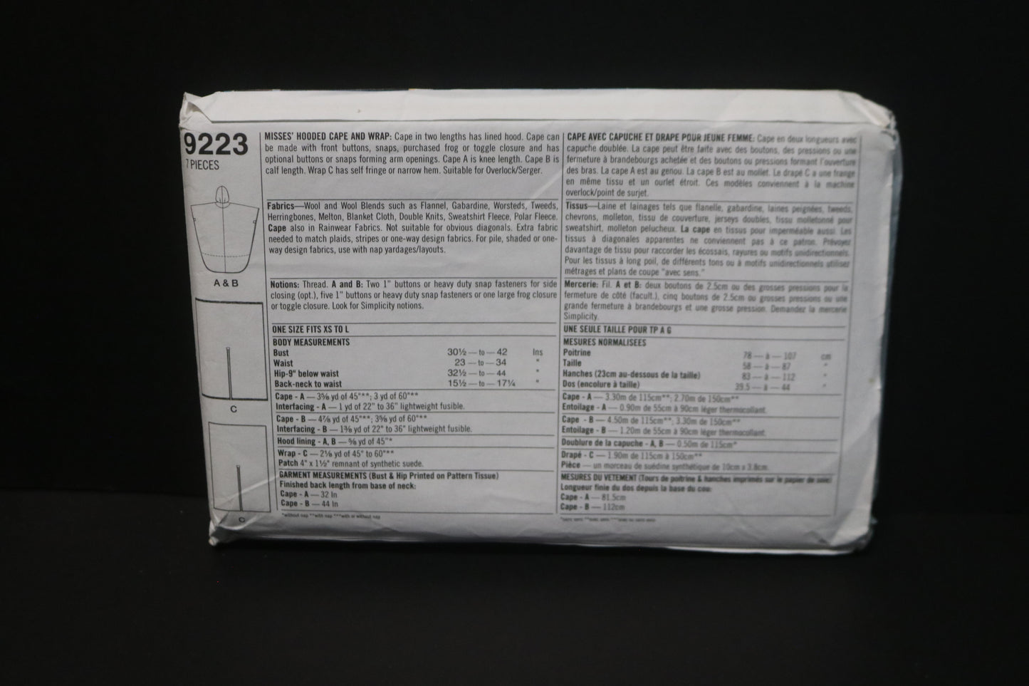 Simplicity 9223 Misses Hooded Cape and Wrap Sewing Pattern - UNCUT - One Size