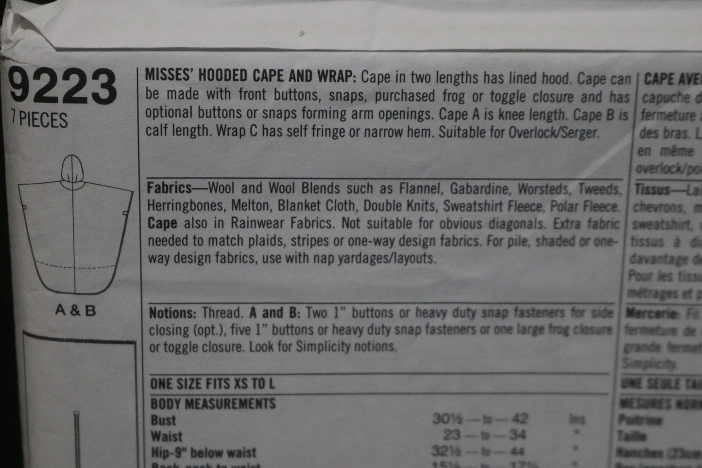 Simplicity 9223 Misses Hooded Cape and Wrap Sewing Pattern - UNCUT - One Size