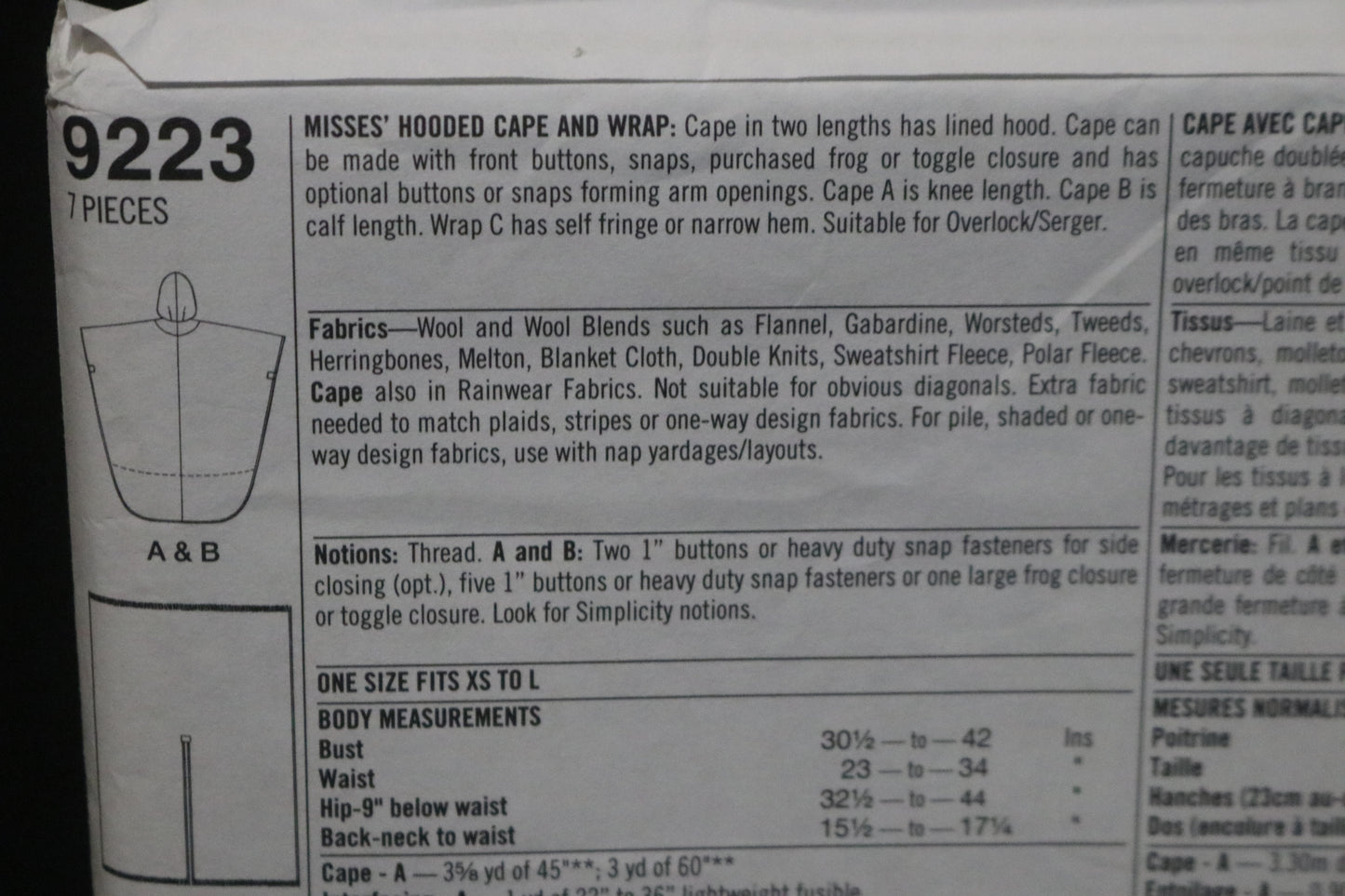 Simplicity 9223 Misses Hooded Cape and Wrap Sewing Pattern - UNCUT - One Size