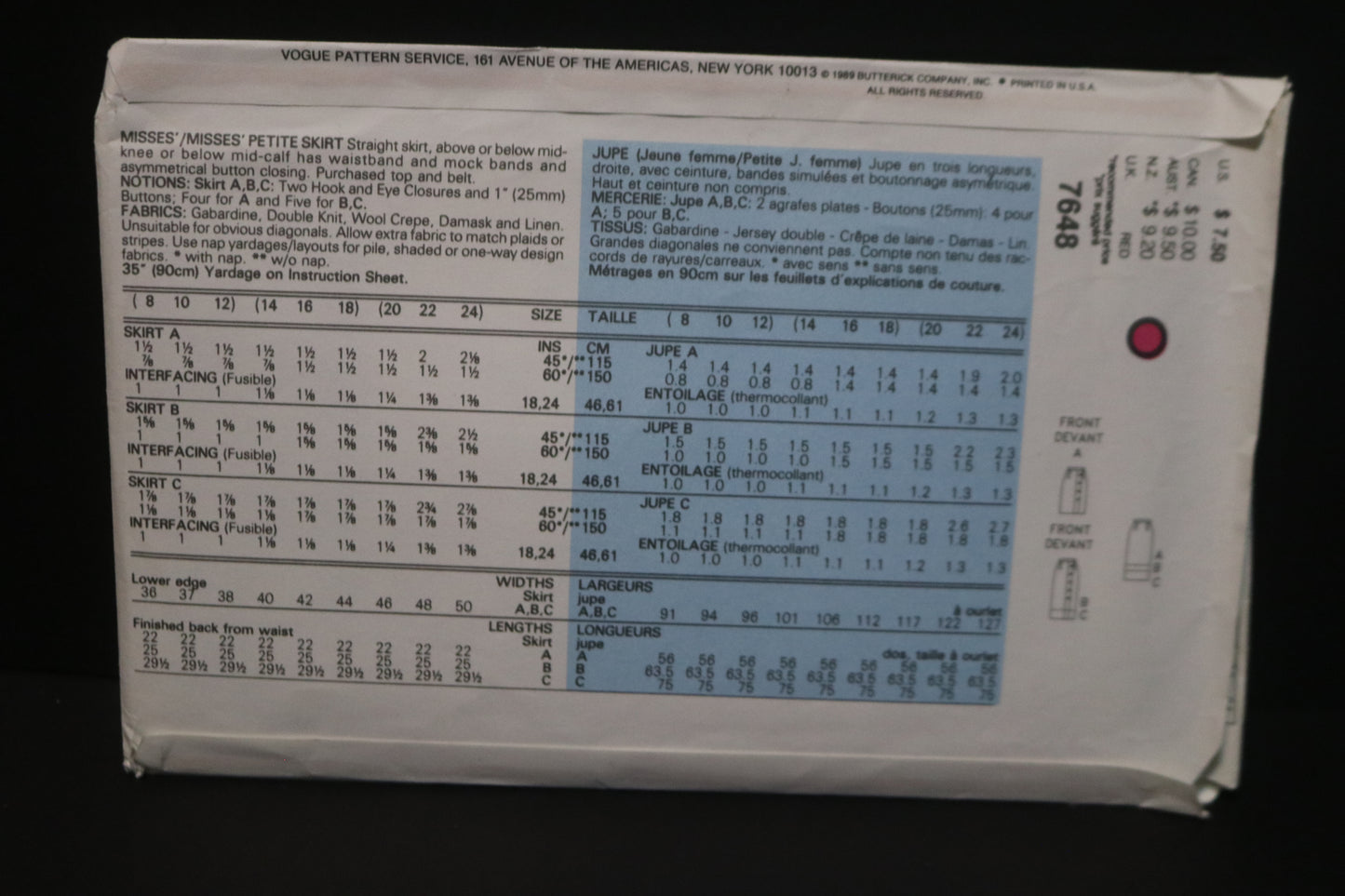 Vogue 7648 Misses Skirt Sewing Pattern  - UNCUT -  Size 14 16 18