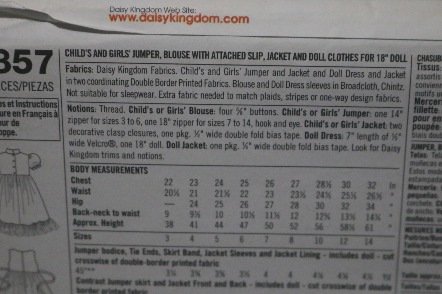 Simplicity 9857 Daisy Kingdom Girls Jumper Blouse with attached slip, Jacket and Doll Clothes for 18" Doll Sewing Pattern - UNCUT - Size 3 4 5 6 or Size 7 8 10 12 14