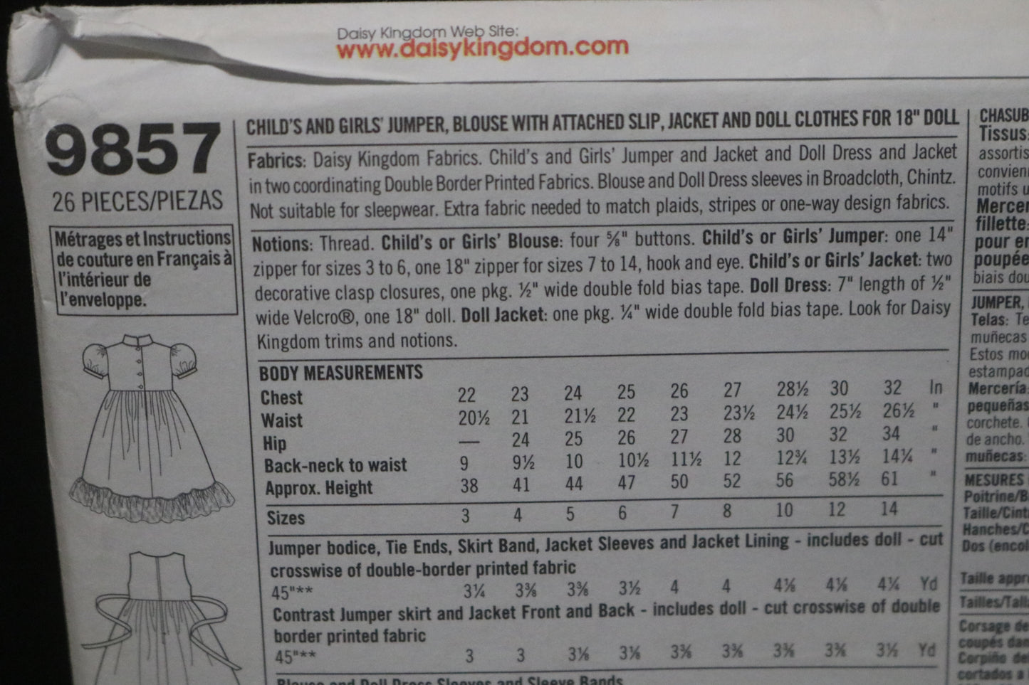Simplicity 9857 Daisy Kingdom Girls Jumper Blouse with attached slip, Jacket and Doll Clothes for 18" Doll Sewing Pattern - UNCUT - Size 3 4 5 6 or Size 7 8 10 12 14