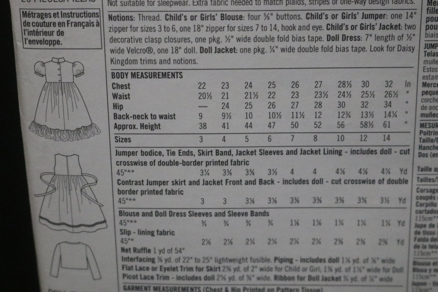 Simplicity 9857 Daisy Kingdom Girls Jumper Blouse with attached slip, Jacket and Doll Clothes for 18" Doll Sewing Pattern - UNCUT - Size 3 4 5 6 or Size 7 8 10 12 14