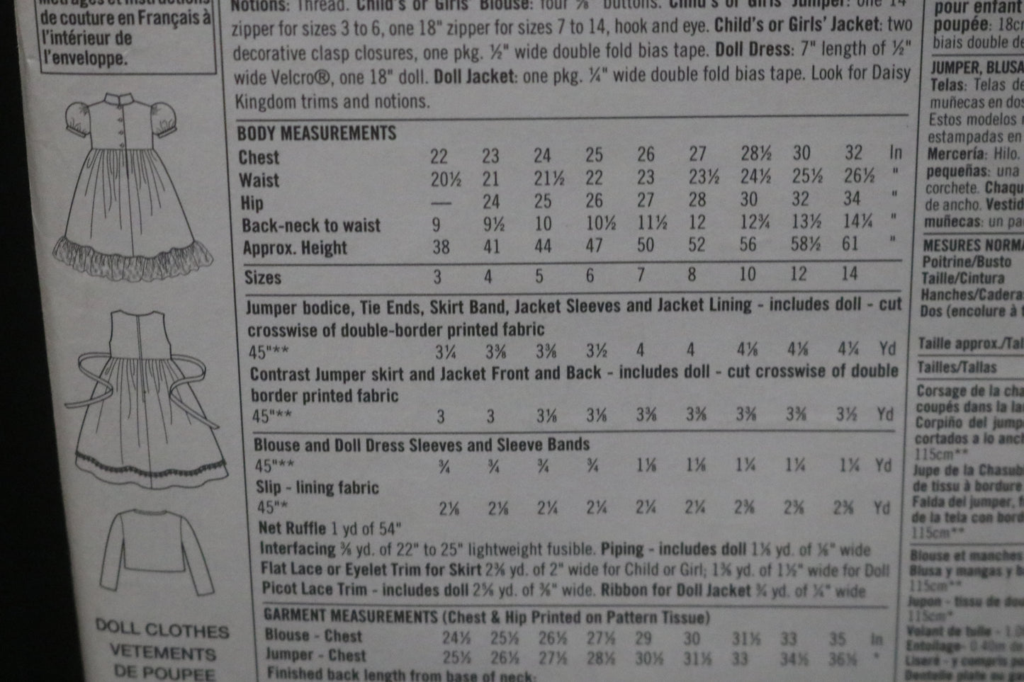 Simplicity 9857 Daisy Kingdom Girls Jumper Blouse with attached slip, Jacket and Doll Clothes for 18" Doll Sewing Pattern - UNCUT - Size 3 4 5 6 or Size 7 8 10 12 14