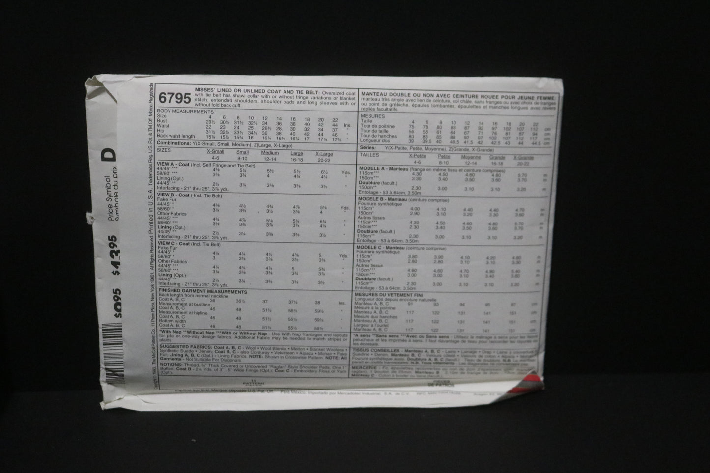 McCalls 6795 Misses Lined or Unlined Coat and Tie Belt Sewing Pattern - UNCUT - Size Xsm Sml Med