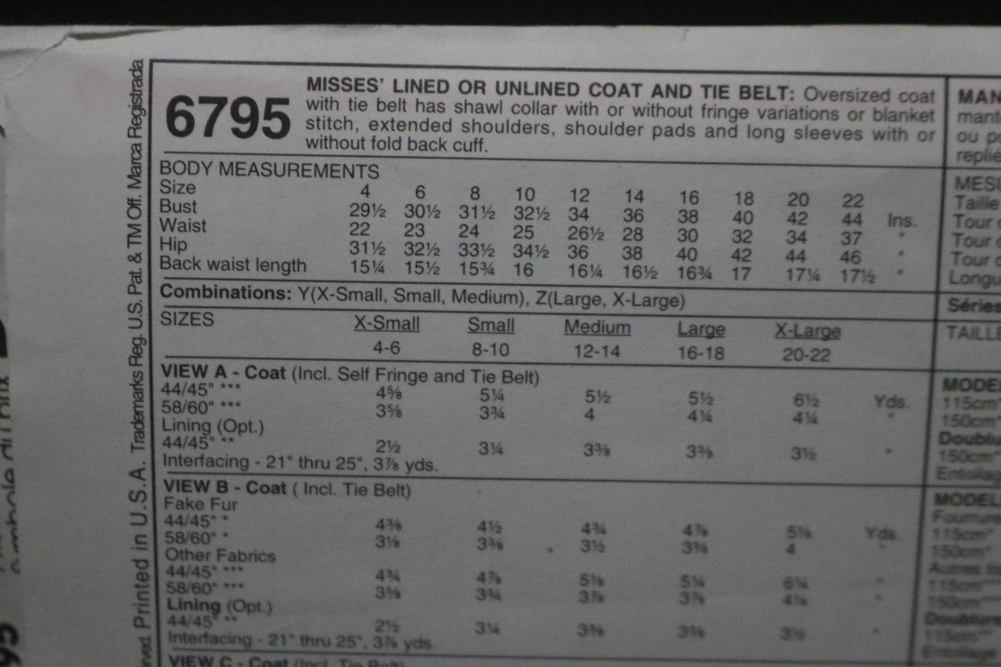 McCalls 6795 Misses Lined or Unlined Coat and Tie Belt Sewing Pattern - UNCUT - Size Xsm Sml Med