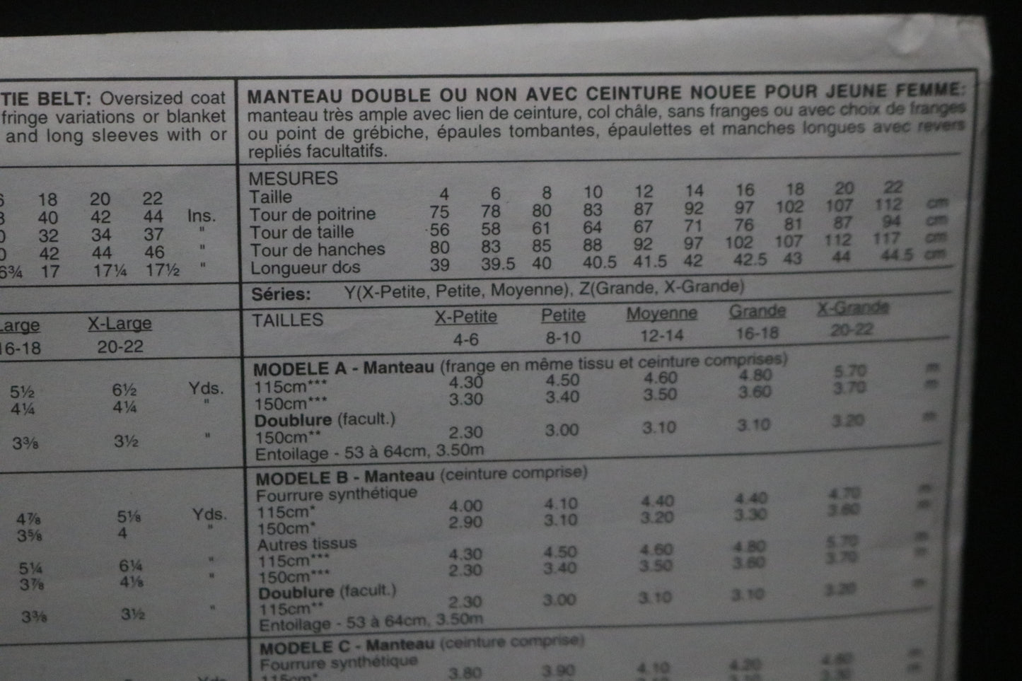 McCalls 6795 Misses Lined or Unlined Coat and Tie Belt Sewing Pattern - UNCUT - Size Xsm Sml Med
