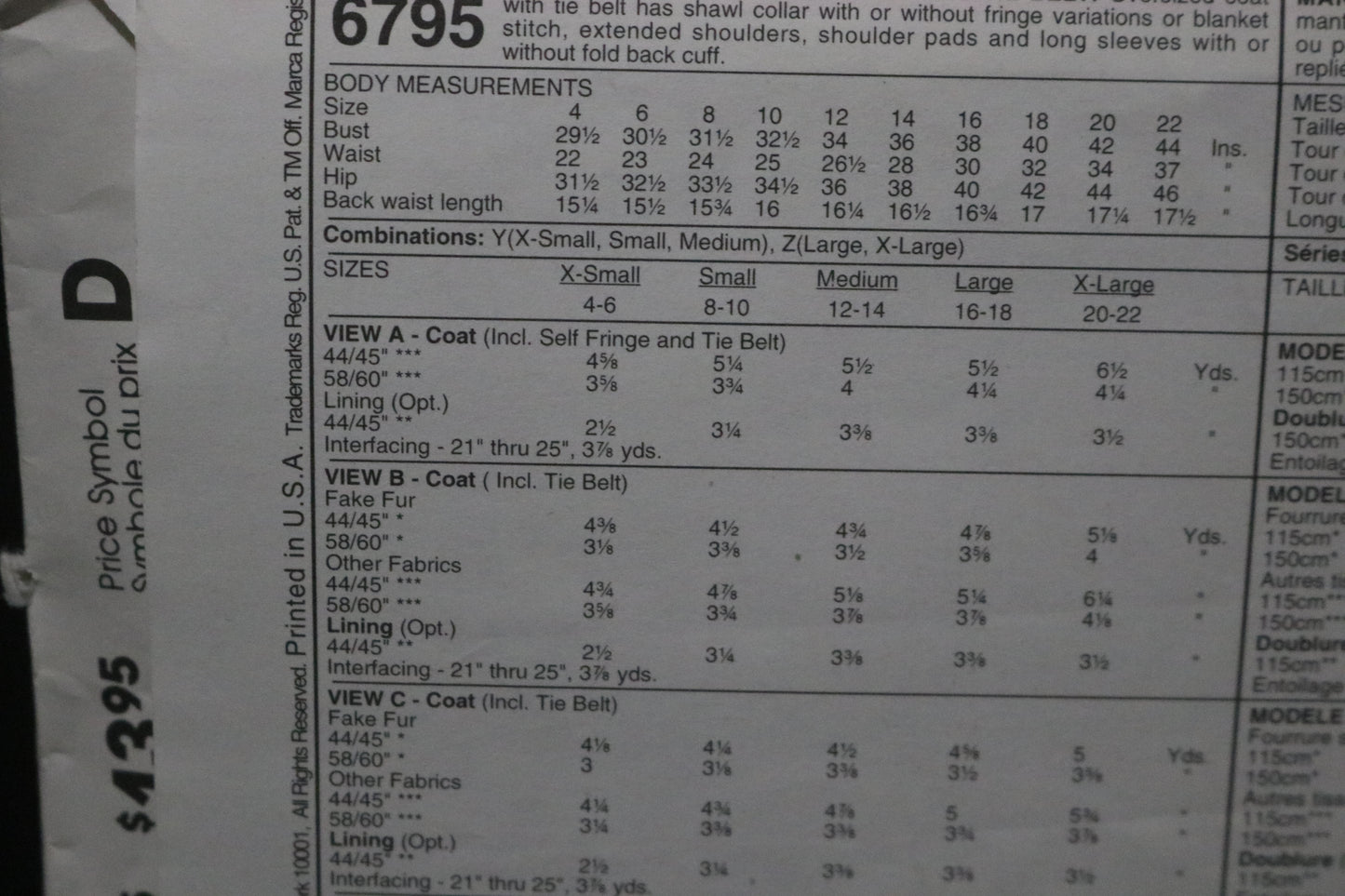McCalls 6795 Misses Lined or Unlined Coat and Tie Belt Sewing Pattern - UNCUT - Size Xsm Sml Med
