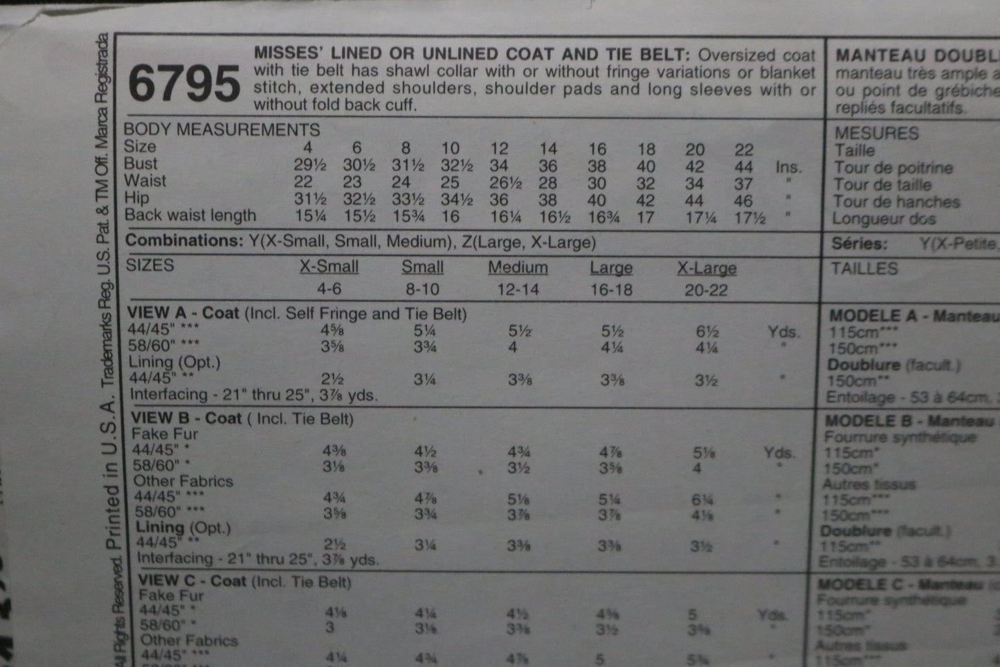 McCalls 6795 Misses Lined or Unlined Coat and Tie Belt Sewing Pattern - UNCUT - Size Xsm Sml Med