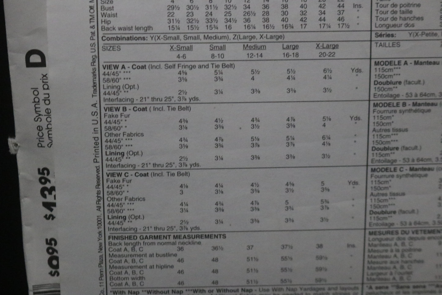 McCalls 6795 Misses Lined or Unlined Coat and Tie Belt Sewing Pattern - UNCUT - Size Xsm Sml Med