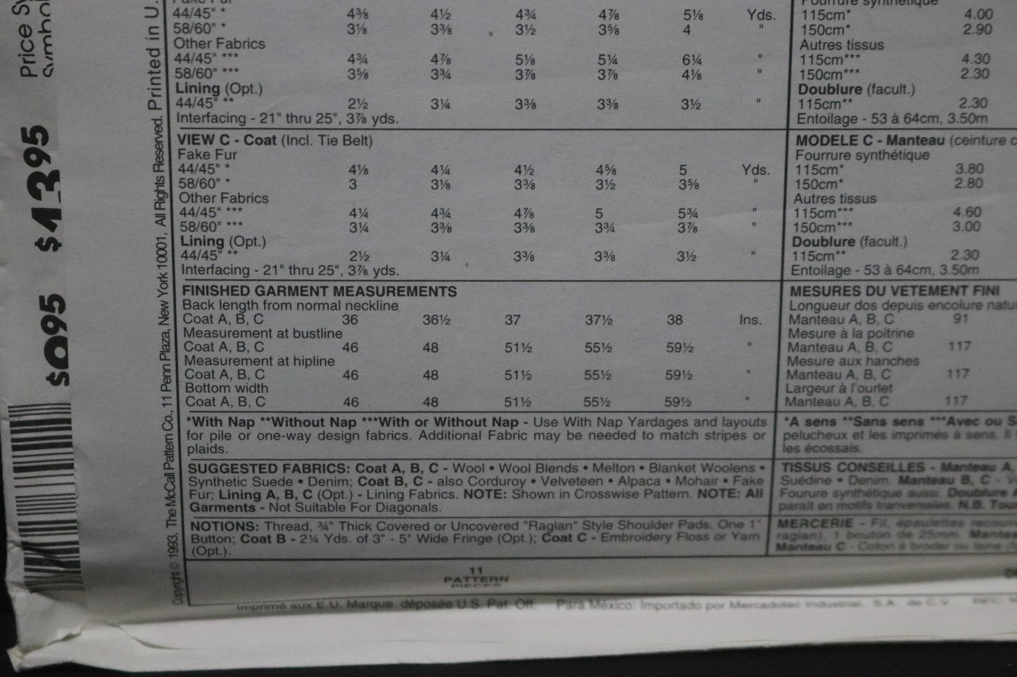 McCalls 6795 Misses Lined or Unlined Coat and Tie Belt Sewing Pattern - UNCUT - Size Xsm Sml Med