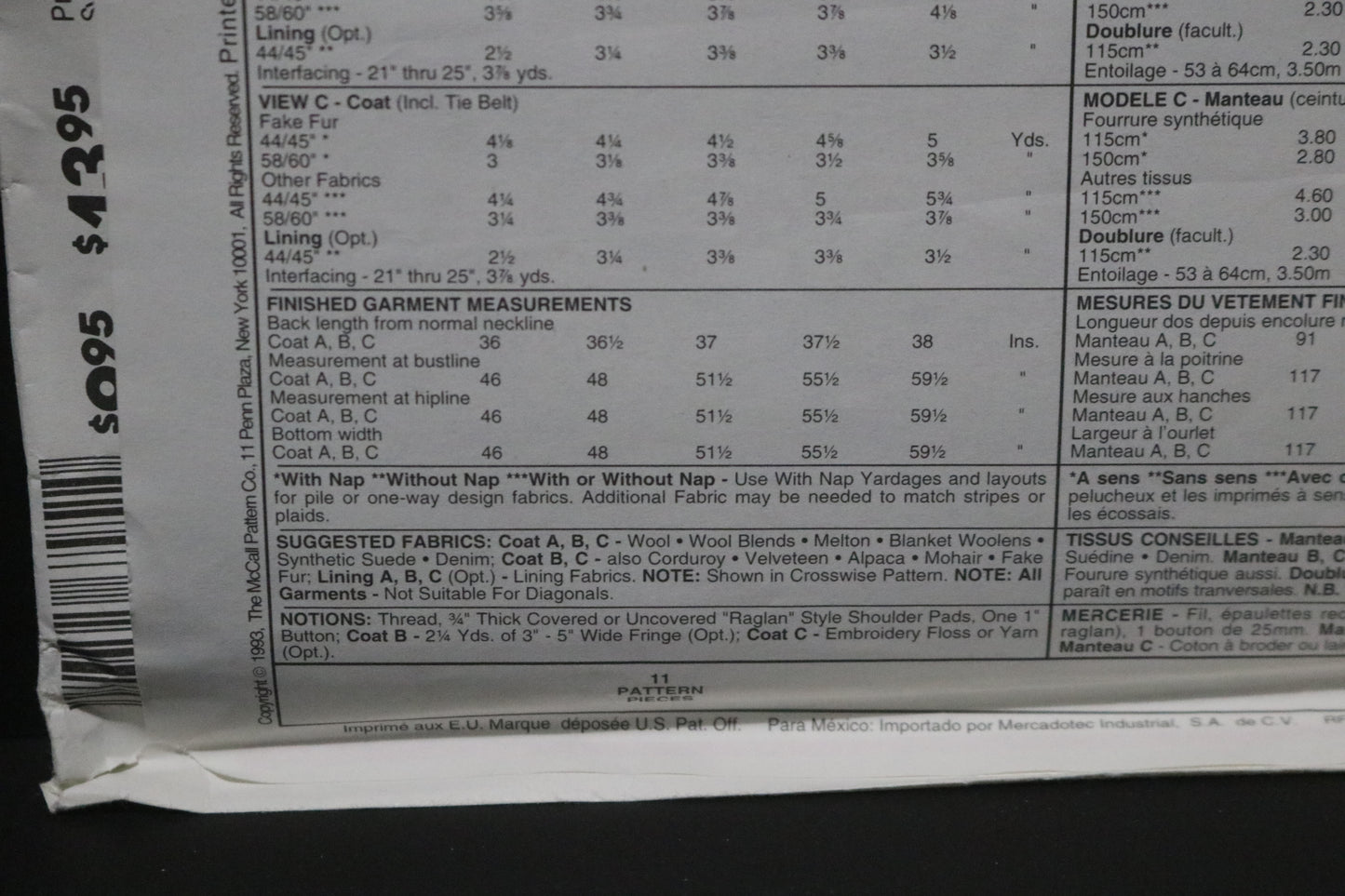 McCalls 6795 Misses Lined or Unlined Coat and Tie Belt Sewing Pattern - UNCUT - Size Xsm Sml Med