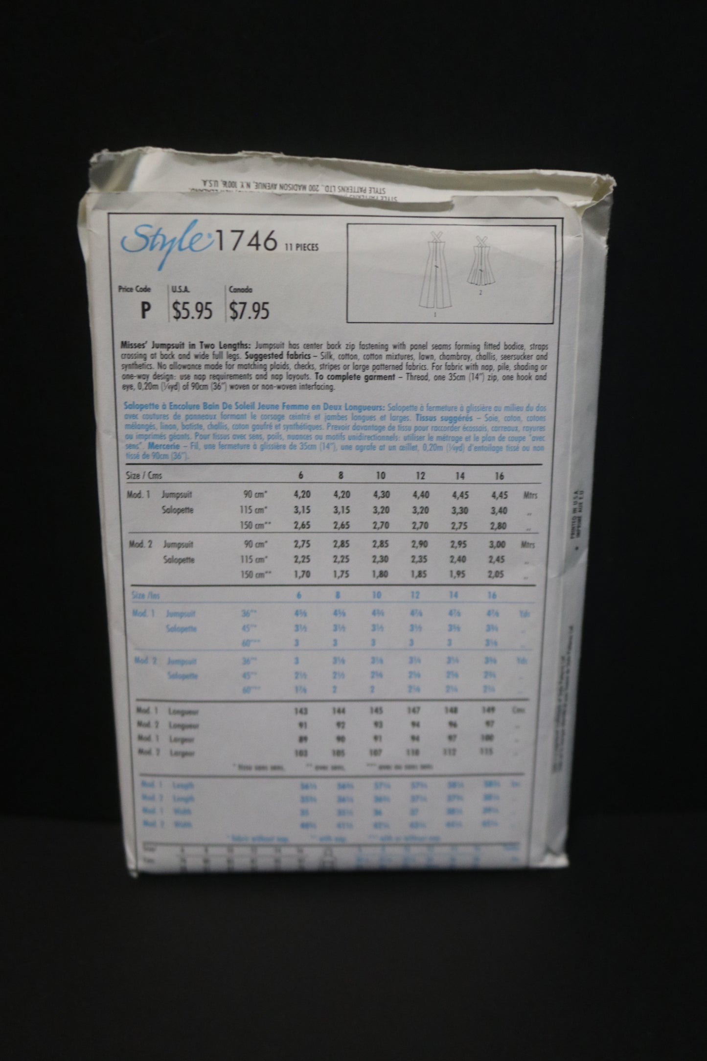 Style 1746 Misses Jumpsuit in Two Lengths Sewing Pattern - UNCUT Size 6 8 10 12 14 16