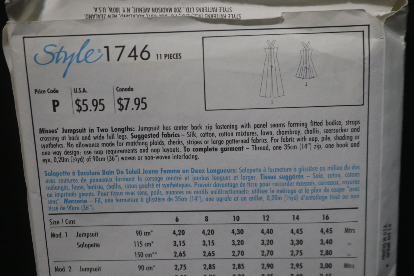 Style 1746 Misses Jumpsuit in Two Lengths Sewing Pattern - UNCUT Size 6 8 10 12 14 16