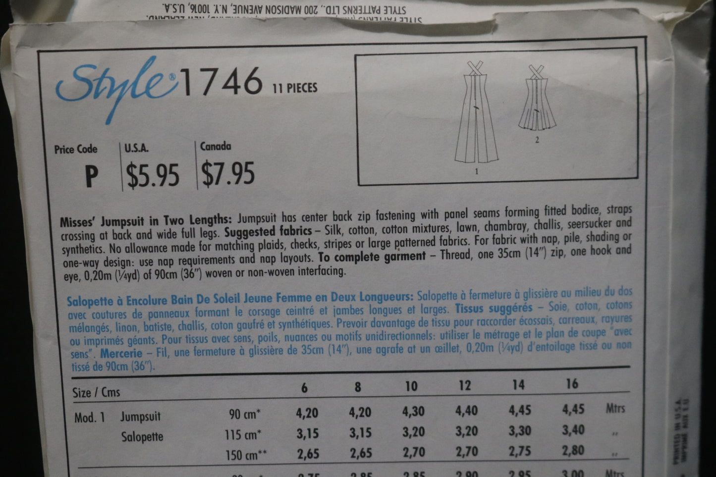 Style 1746 Misses Jumpsuit in Two Lengths Sewing Pattern - UNCUT Size 6 8 10 12 14 16