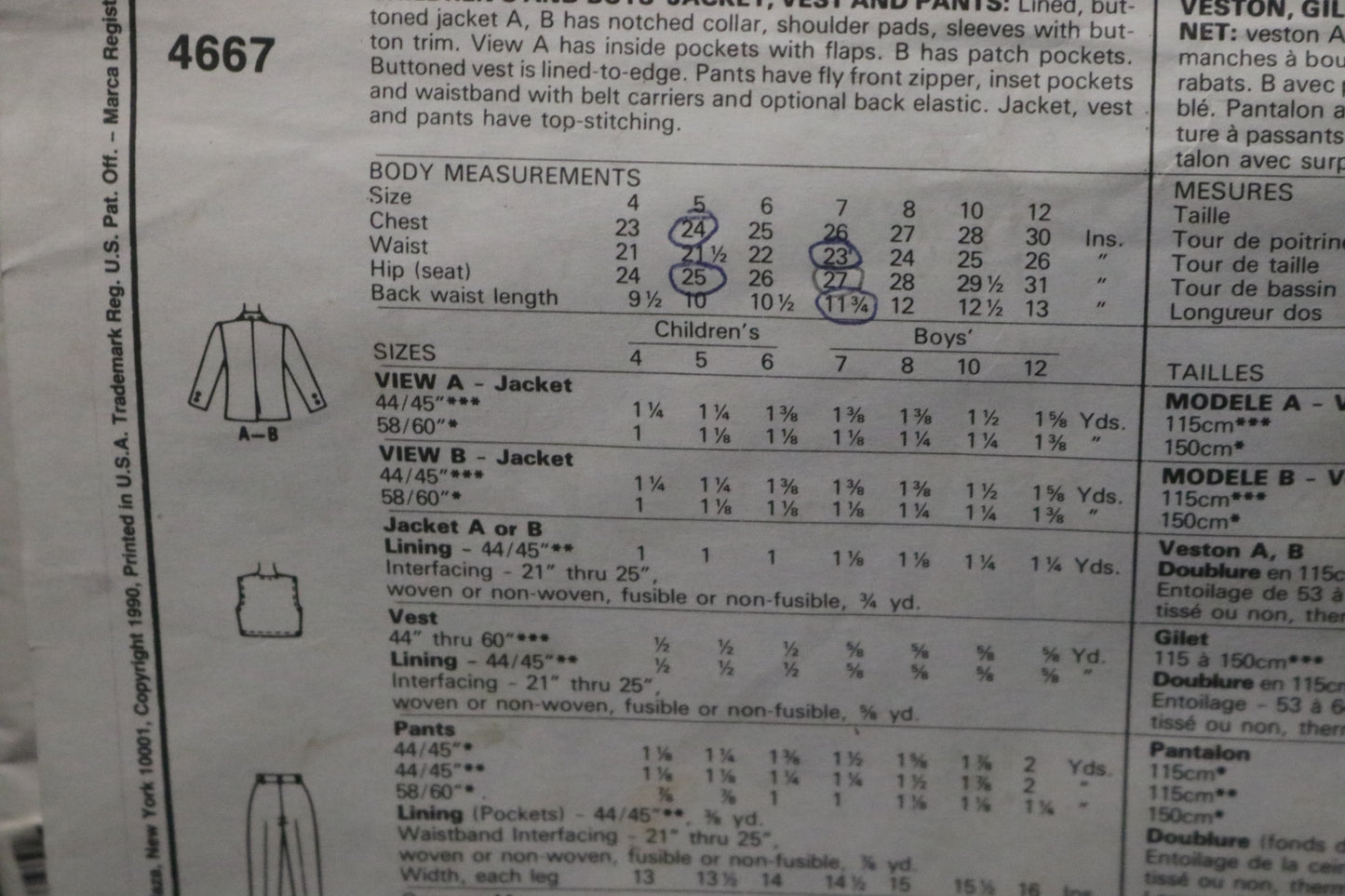 McCalls 4667 Childrens and Boys Jacket Vest and Pants Sewing Pattern UNCUT Size 7