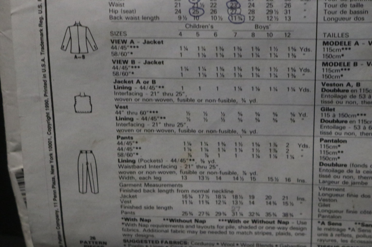 McCalls 4667 Childrens and Boys Jacket Vest and Pants Sewing Pattern UNCUT Size 7