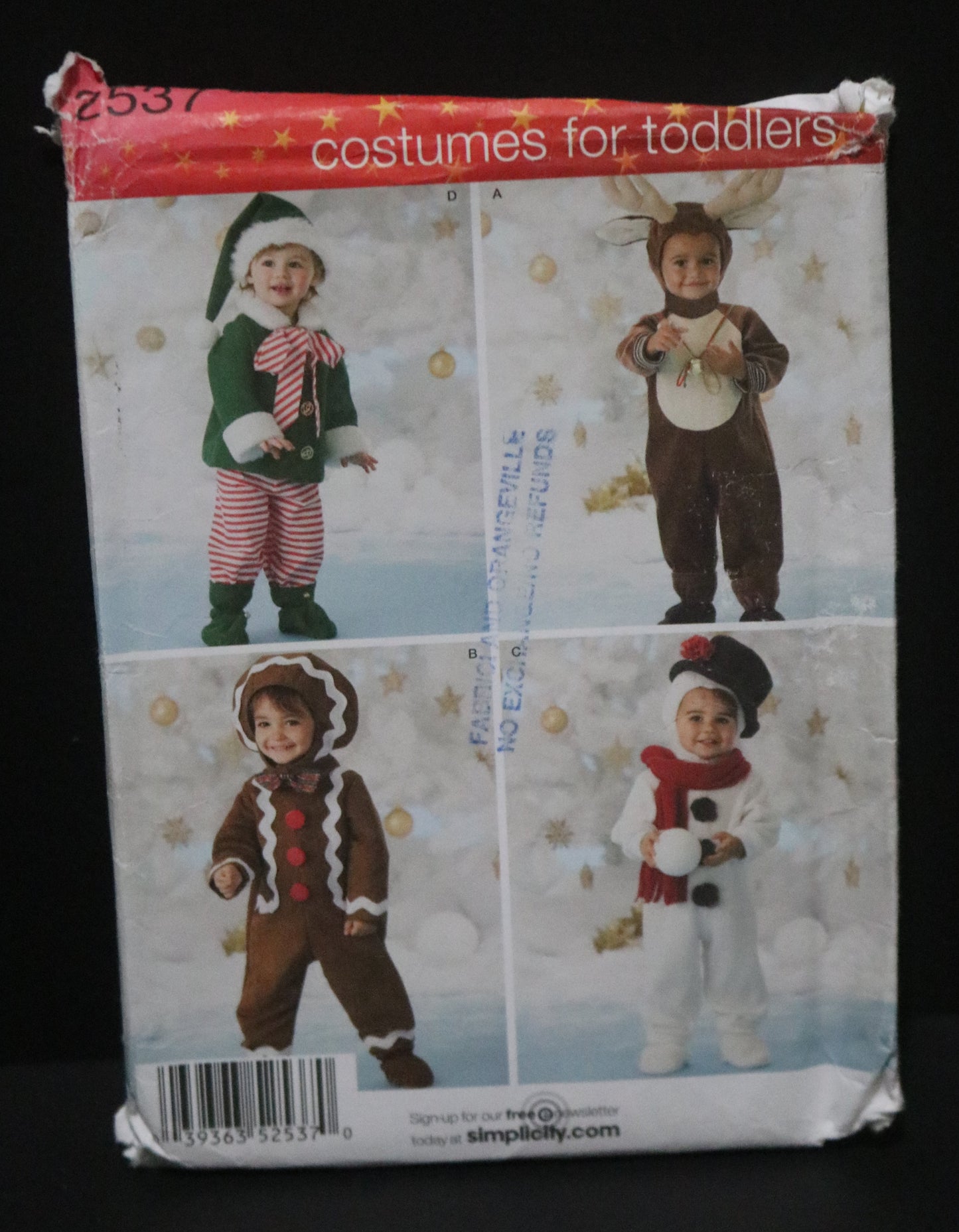 Simplicity 2537 Toddlers Christmas Elf Reindeer Gingerbread Man and Snowman Costume Sewing Pattern - UNCUT - Size 1/2 1 2 3 4
