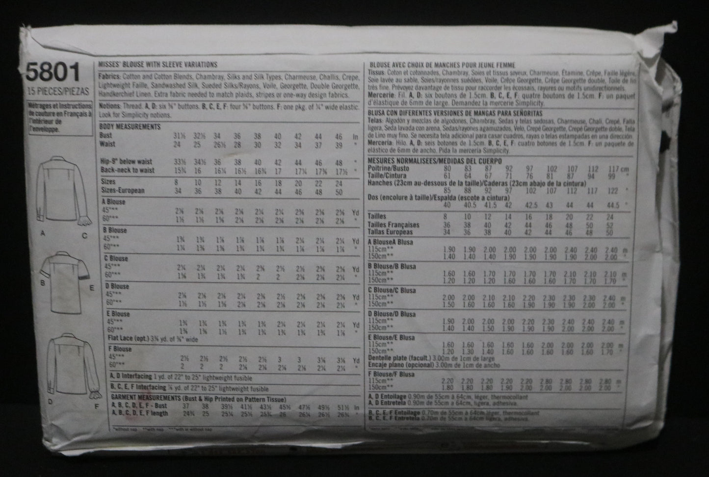 Simplicity 5801 Misses Blouse with Sleeve Variations Sewing Pattern - UNCUT - Size 16 18 20 22 24