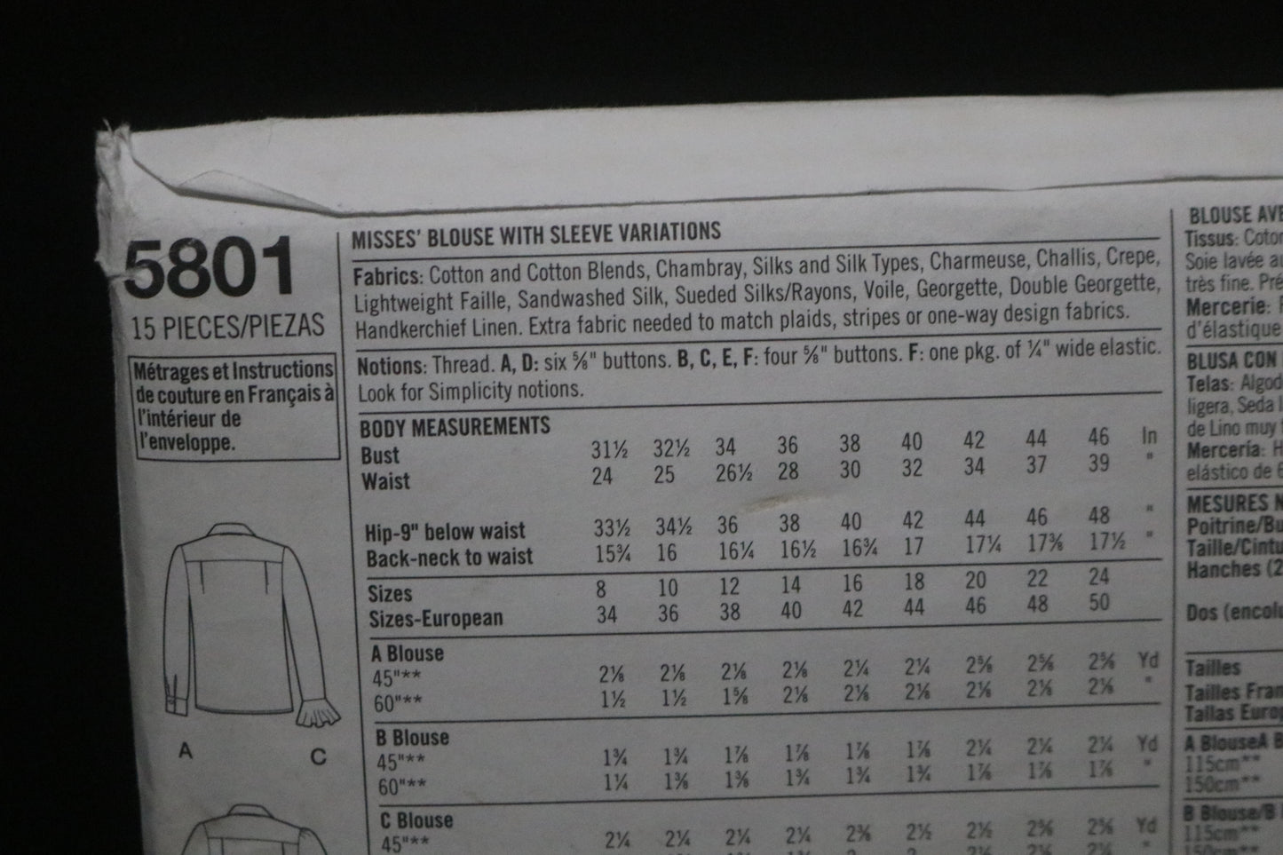 Simplicity 5801 Misses Blouse with Sleeve Variations Sewing Pattern - UNCUT - Size 16 18 20 22 24