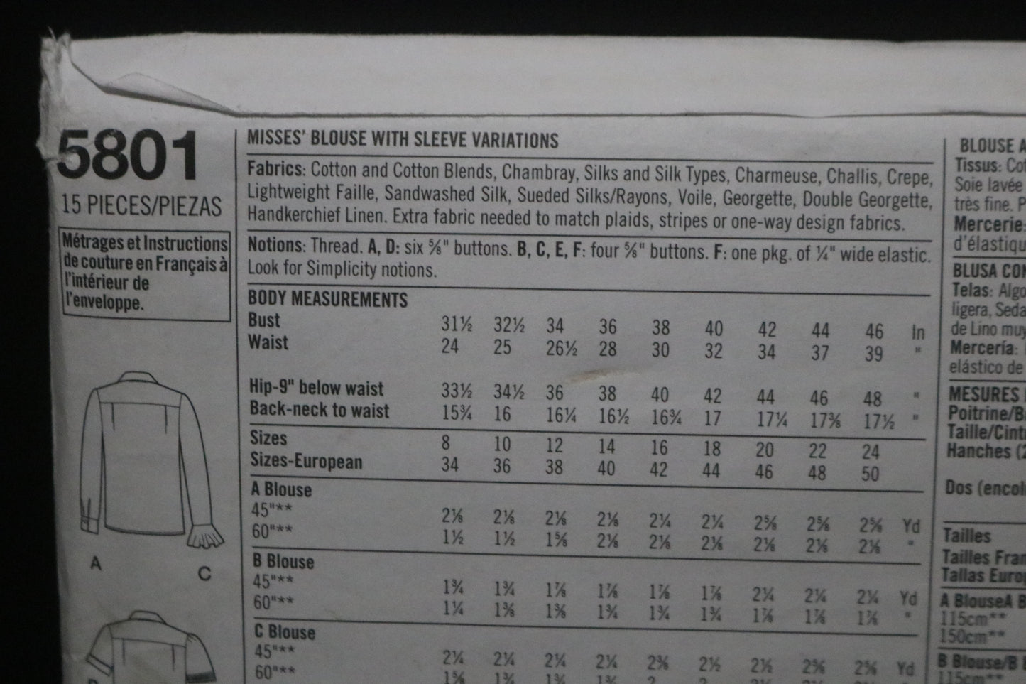 Simplicity 5801 Misses Blouse with Sleeve Variations Sewing Pattern - UNCUT - Size 16 18 20 22 24