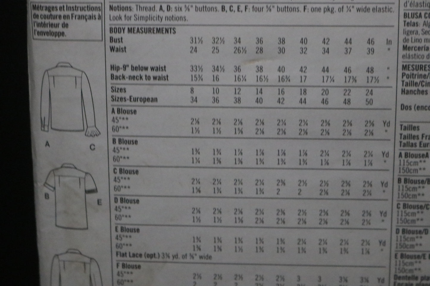 Simplicity 5801 Misses Blouse with Sleeve Variations Sewing Pattern - UNCUT - Size 16 18 20 22 24