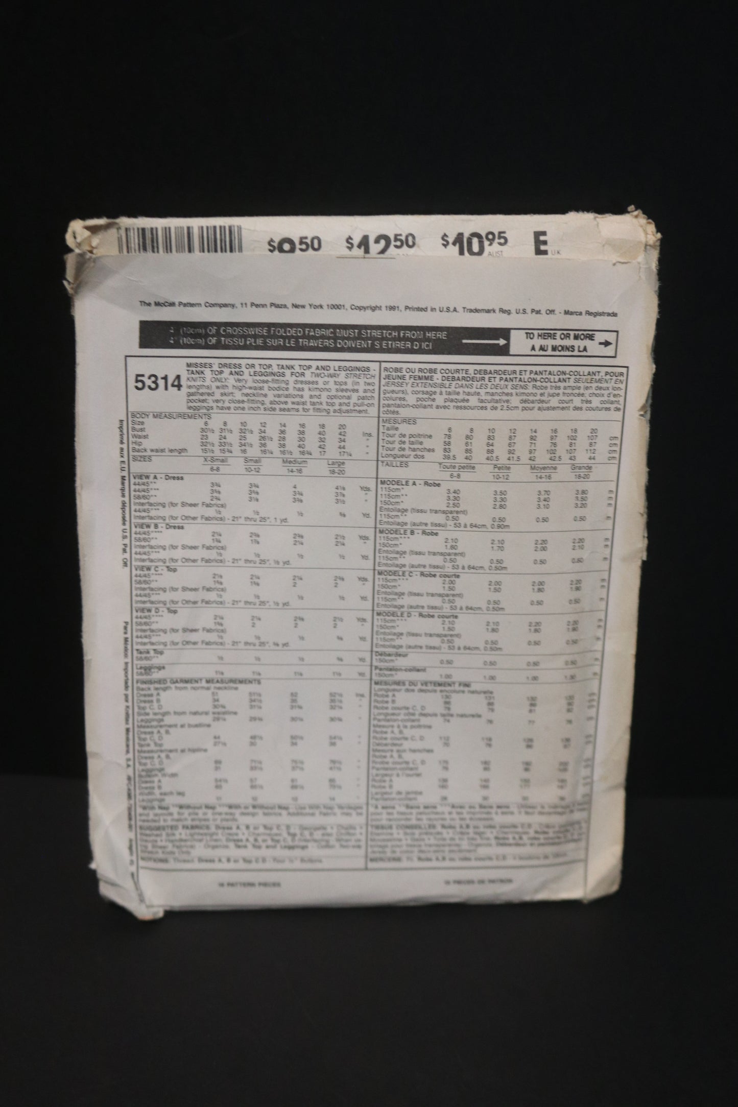 McCalls 5314 Misses Dress or Top, Tank Top and Leggings Sewing Pattern - UNCUT - Size Small (10,12)