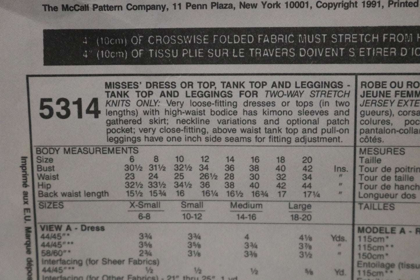 McCalls 5314 Misses Dress or Top, Tank Top and Leggings Sewing Pattern - UNCUT - Size Small (10,12)