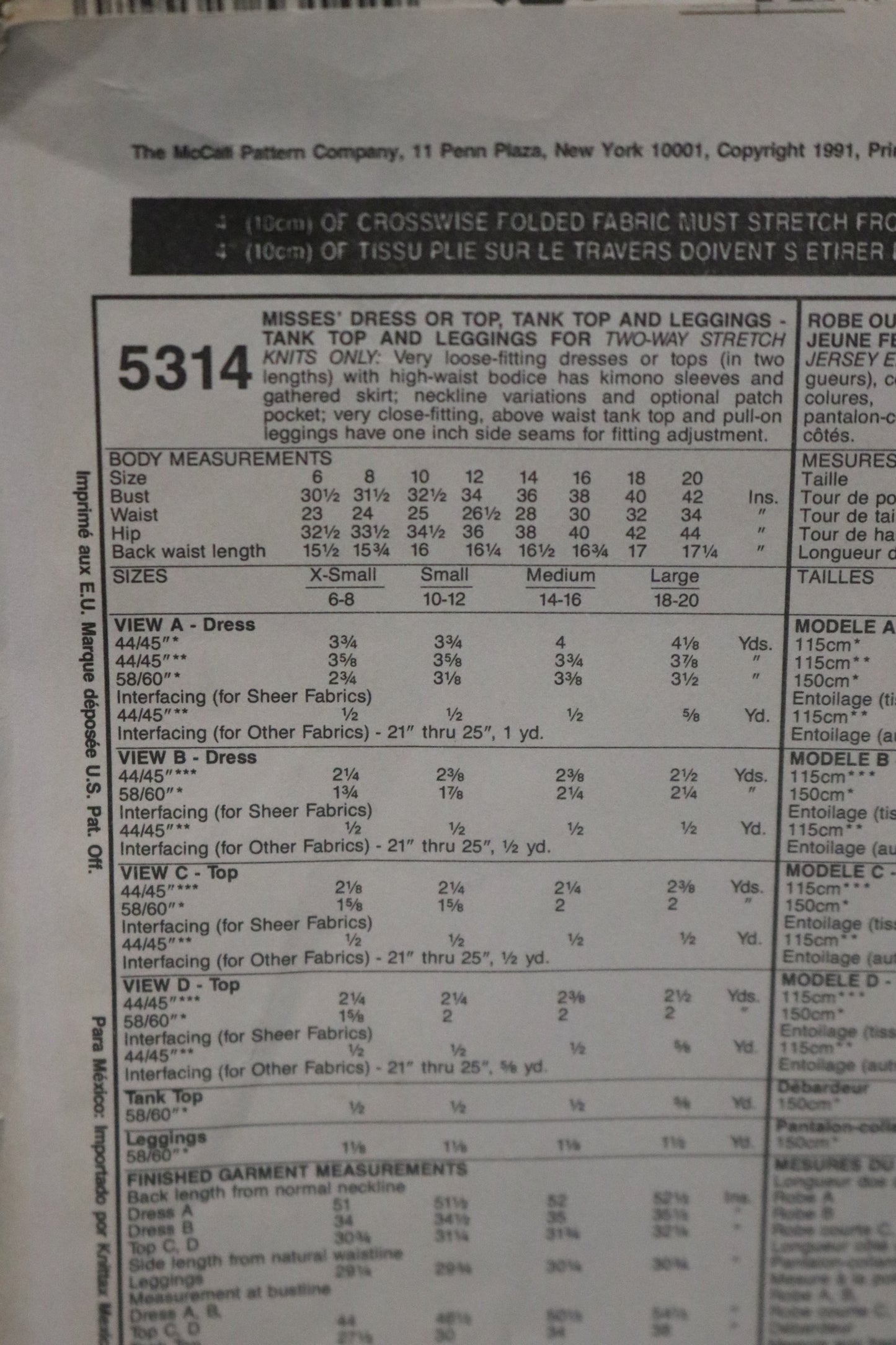 McCalls 5314 Misses Dress or Top, Tank Top and Leggings Sewing Pattern - UNCUT - Size Small (10,12)