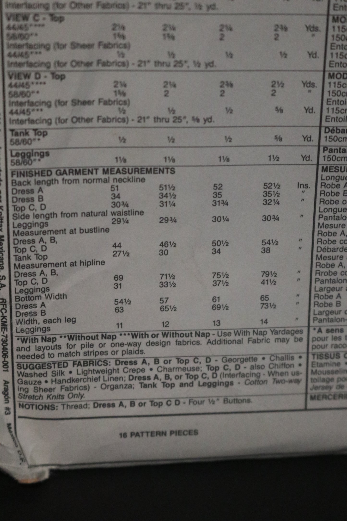 McCalls 5314 Misses Dress or Top, Tank Top and Leggings Sewing Pattern - UNCUT - Size Small (10,12)