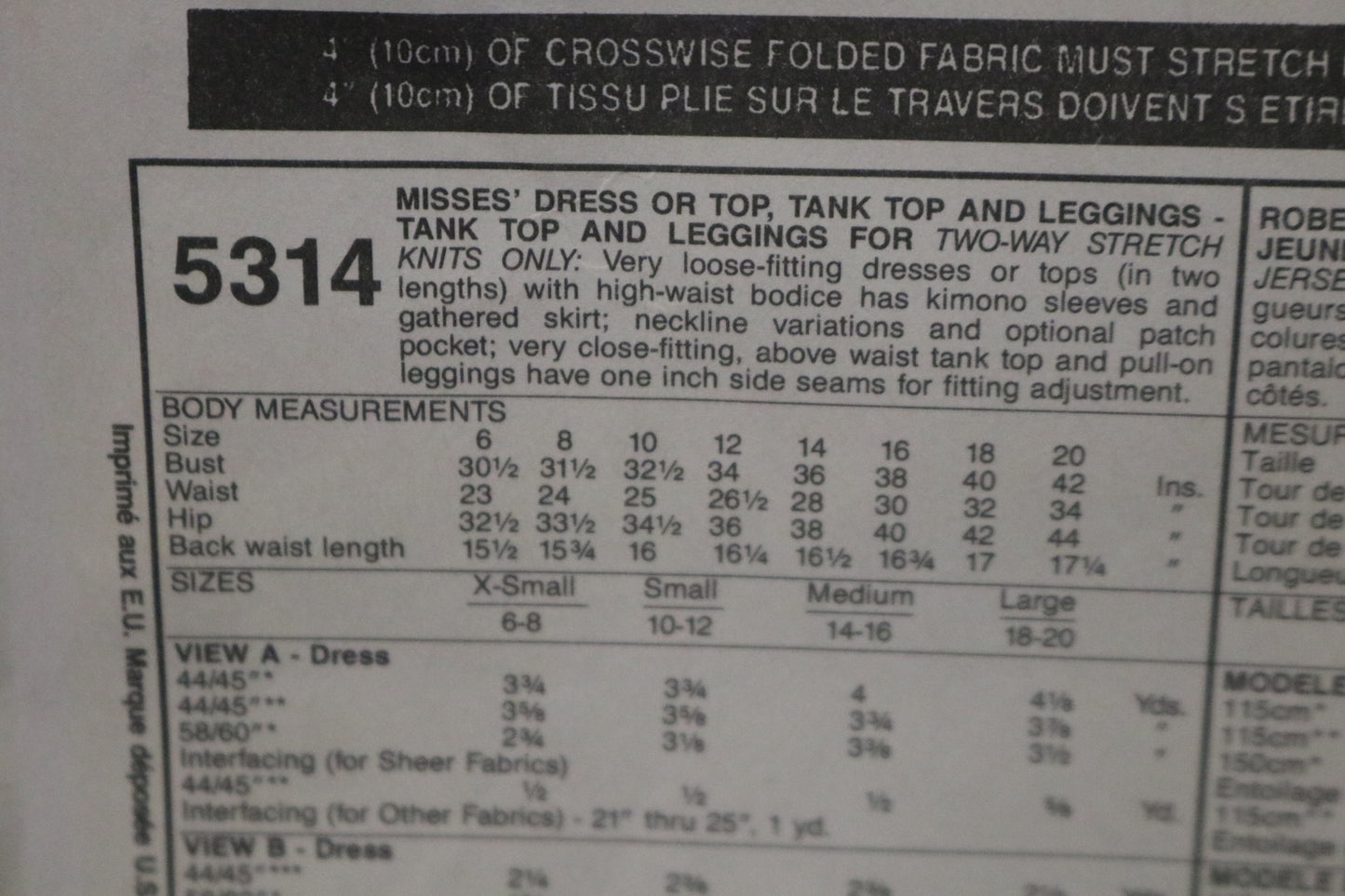 McCalls 5314 Misses Dress or Top, Tank Top and Leggings Sewing Pattern - UNCUT - Size Small (10,12)