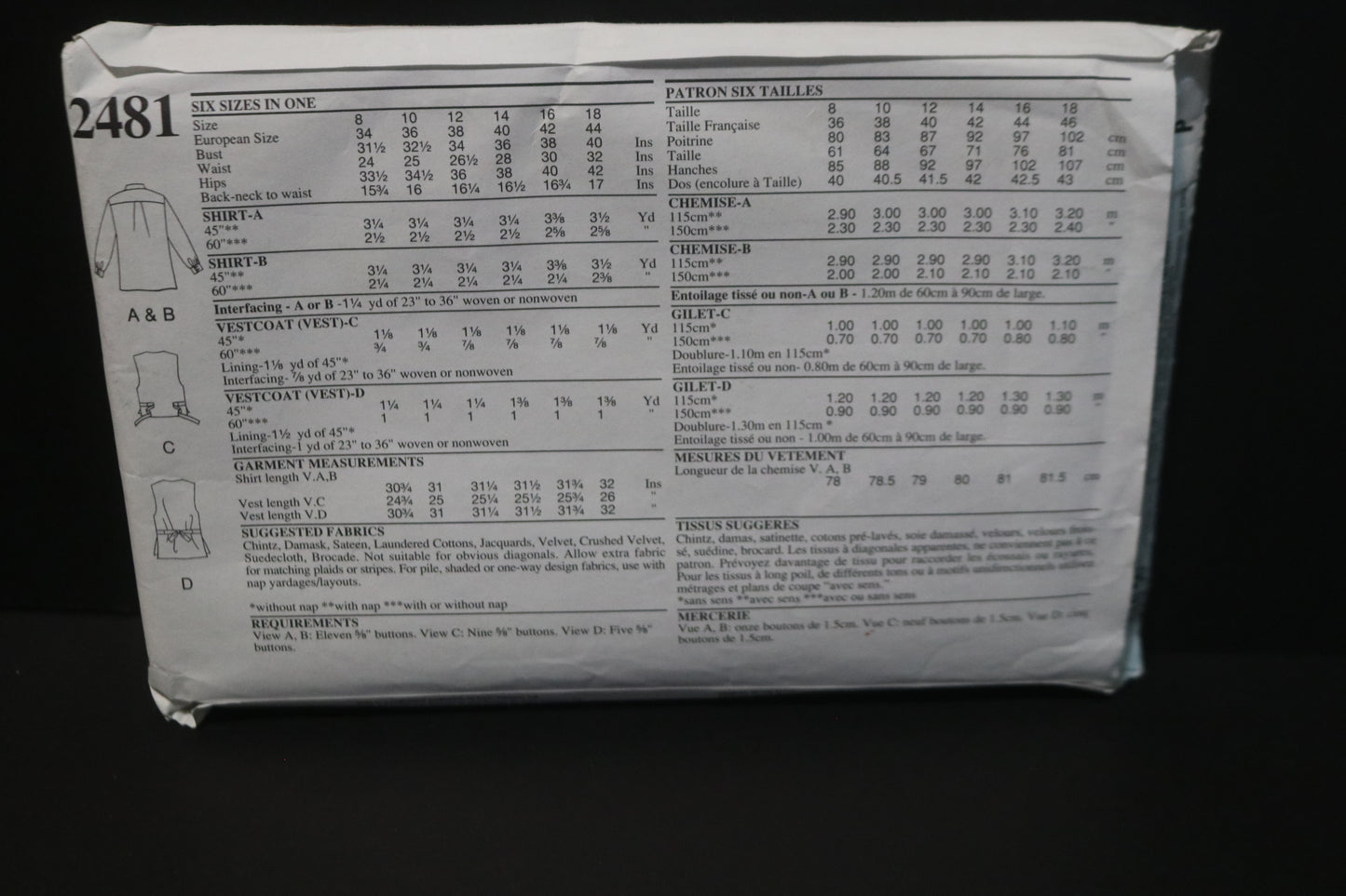 Style 2481 Misses Shirt and Vest Sewing Pattern UNCUT - Size 8 - 18