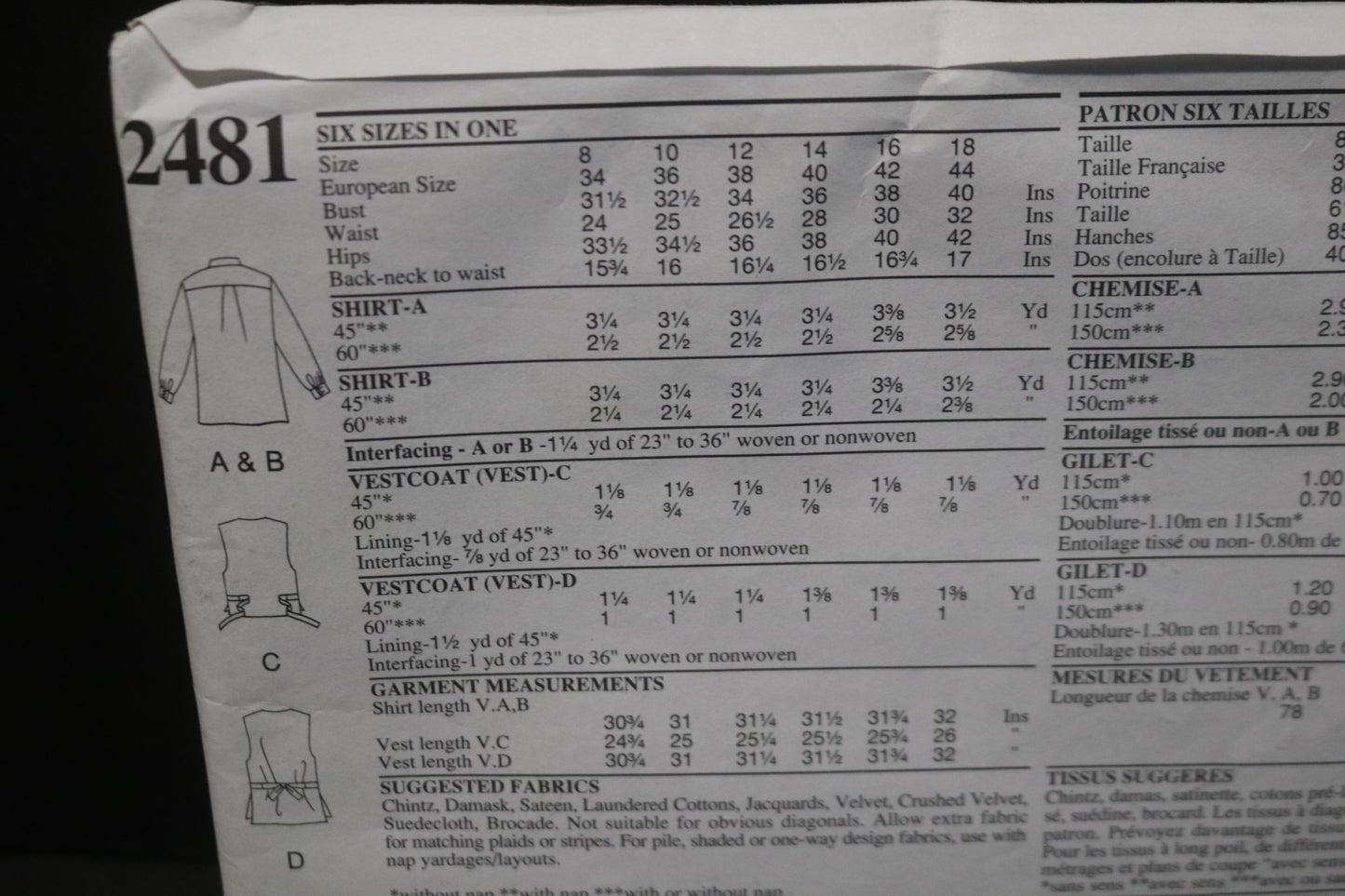 Style 2481 Misses Shirt and Vest Sewing Pattern UNCUT - Size 8 - 18
