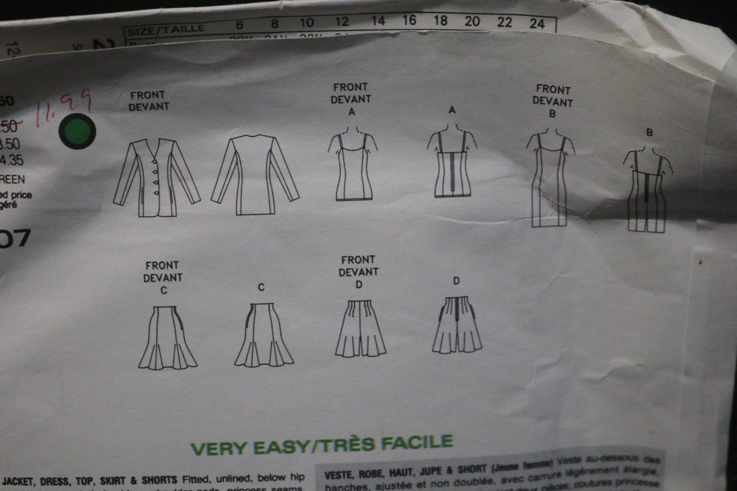 Vogue 2907 Misses Jacket Dress Top Skirt and Shorts Sewing Pattern - UNCUT - Size 12 14 16