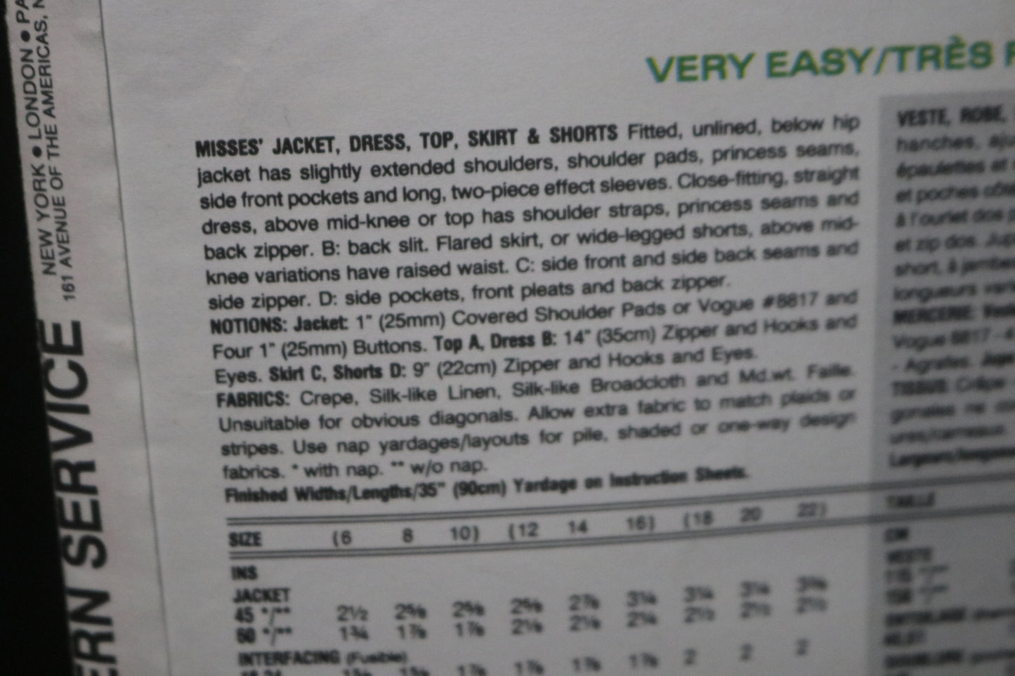 Vogue 2907 Misses Jacket Dress Top Skirt and Shorts Sewing Pattern - UNCUT - Size 12 14 16