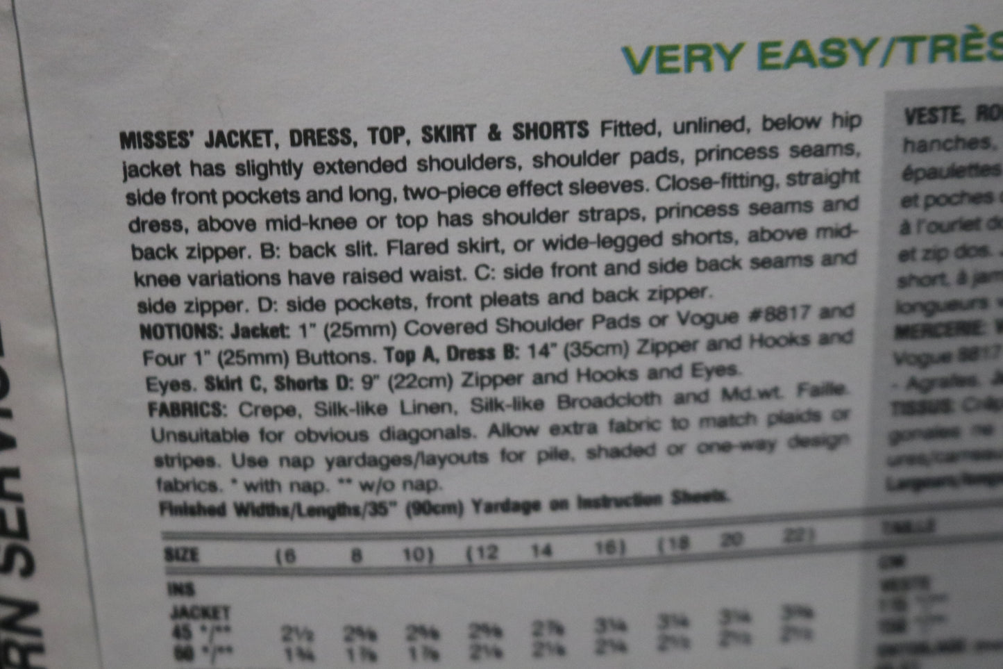 Vogue 2907 Misses Jacket Dress Top Skirt and Shorts Sewing Pattern - UNCUT - Size 12 14 16