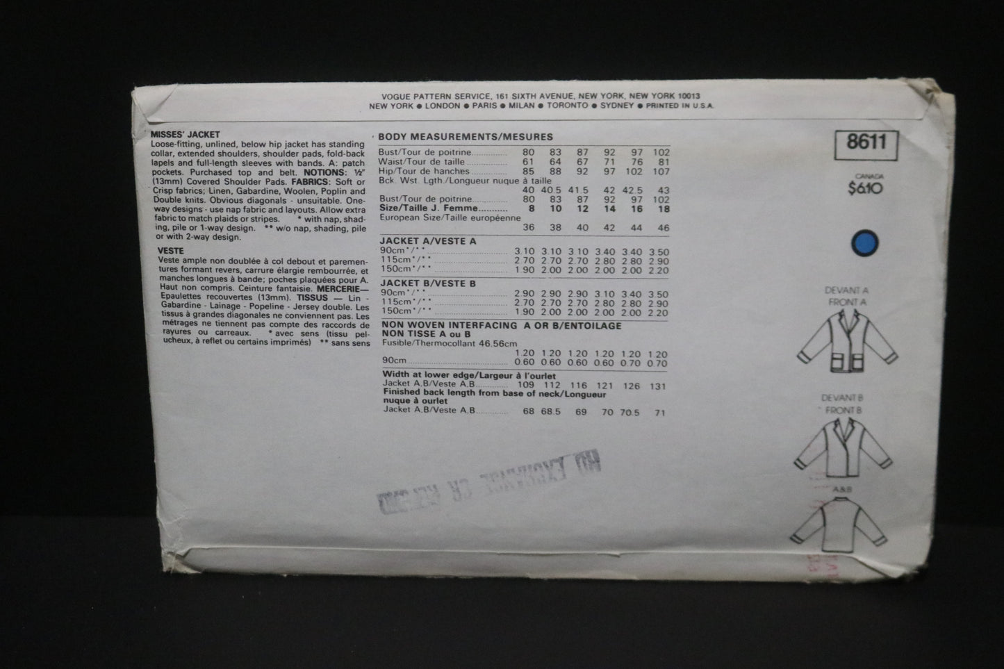 Vogue 8611 Misses Jacket Sewing Pattern - UNCUT - Size 8 10 12