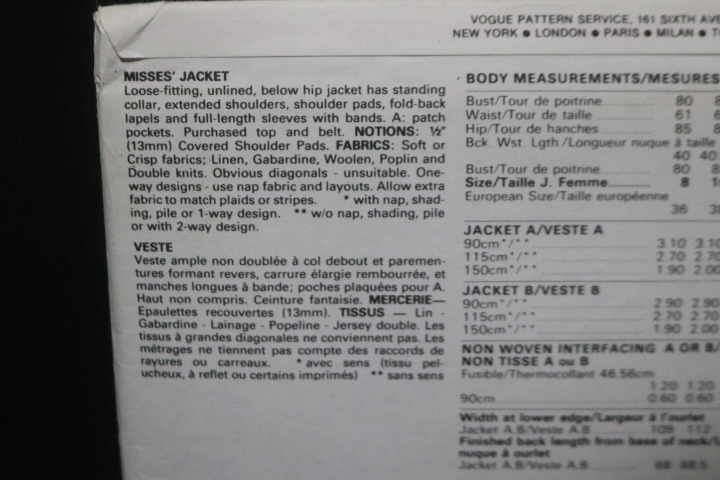 Vogue 8611 Misses Jacket Sewing Pattern - UNCUT - Size 8 10 12